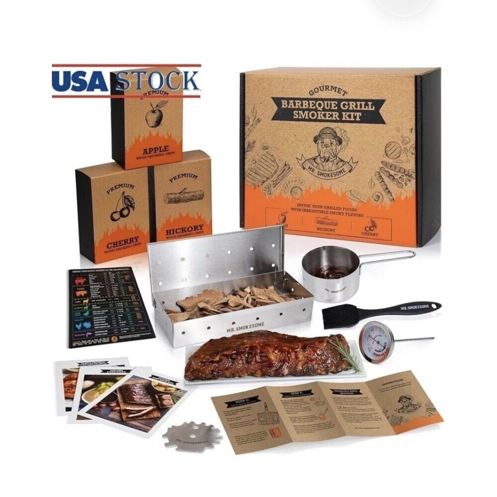 Wood Smoked BBQ Grill Set Smoker Box Accessories Grilling Gifts No Thermometer